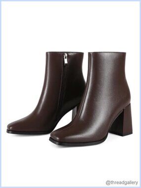 Women's Square Toe Ankle Boots Chunky Block Heel Side Zipper Short Booties